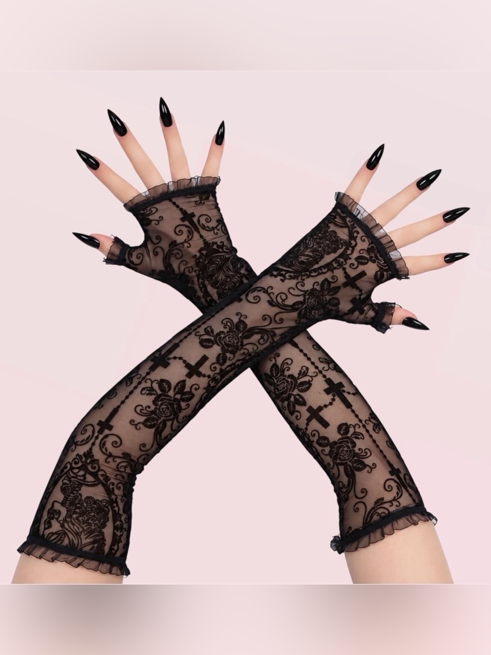 🖤 Gothic Cross & Rose Fingerless Lace Gloves | Dark Coquette 🖤🥀